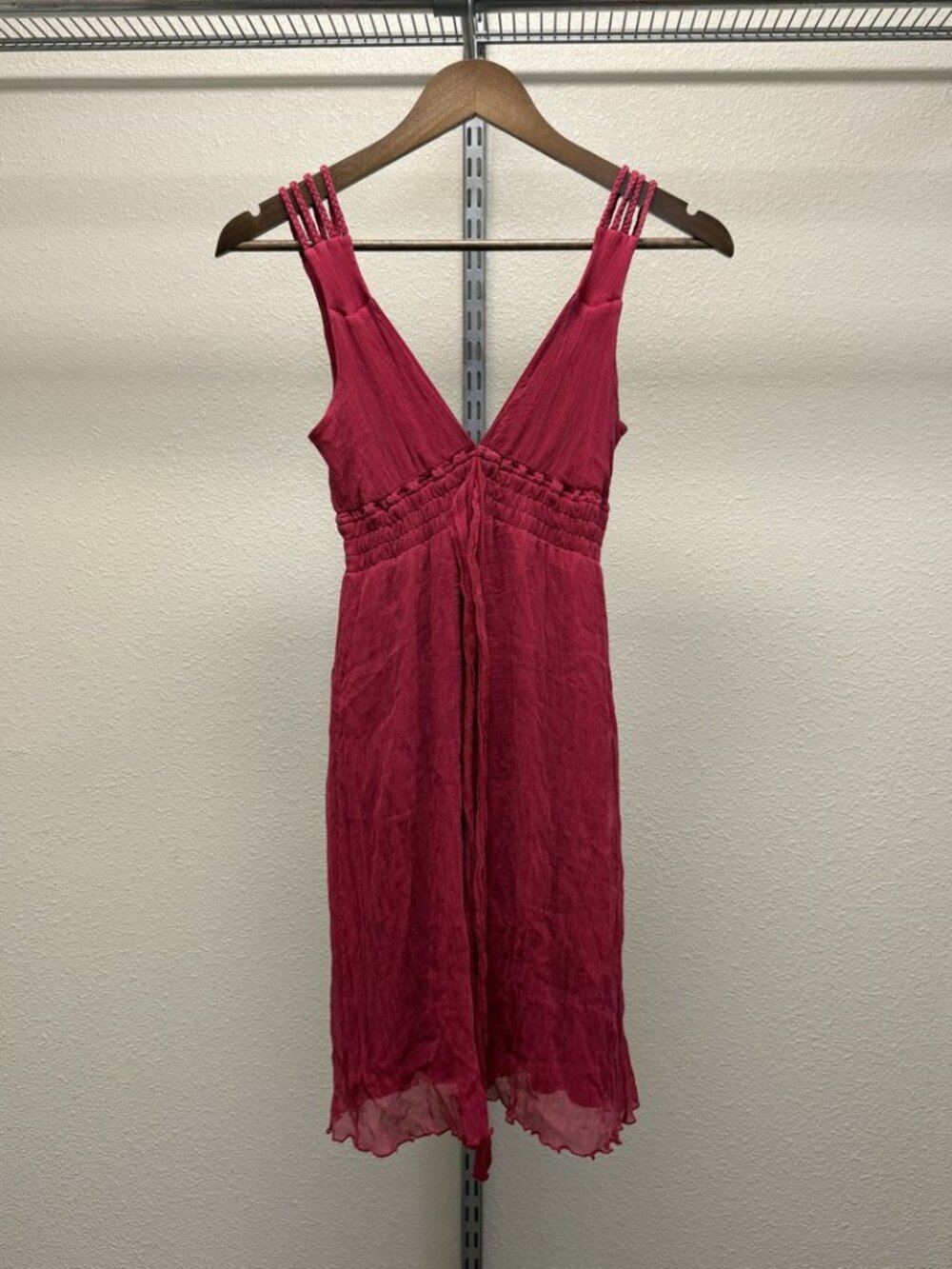 Koan Pure Silk Raspberry Crinkle Mini Dress Braided Straps Smocked IT 42